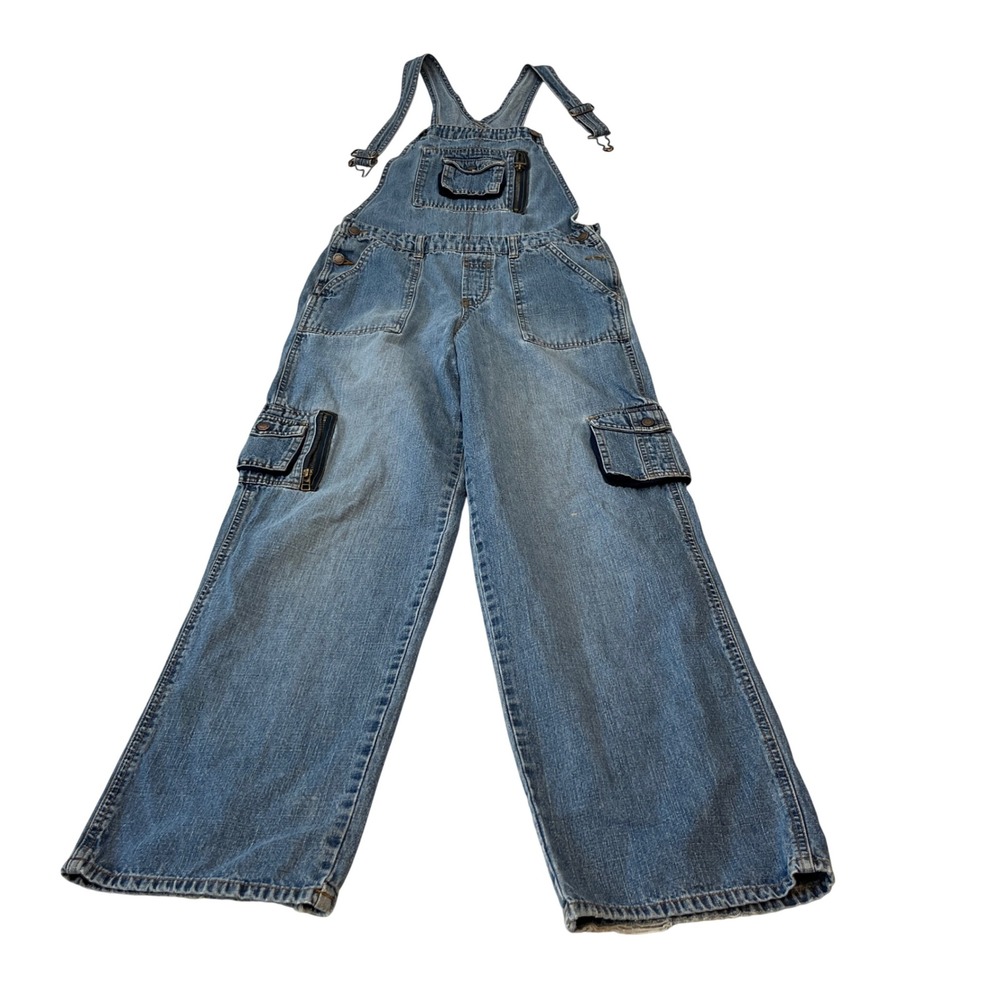 Vintage Y2K 100% Cotton Cargo Overalls Womens Size M Blue Wide Leg Utility
